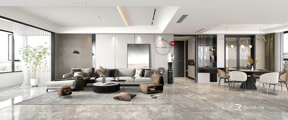 Modern Living Dining Room Interior With Sofa Coffee Table Dining Table And Stylish Decor 3d model