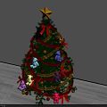 Christmas Tree with Yellow Star Red Ribbons Gold Garlands Colorful Teddy Bears on Wooden Floor