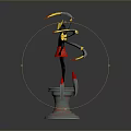 3D Fantasy Sculpture With Black Body Red Skirt Mechanical Arms Yellow Headpiece And Decorative Base