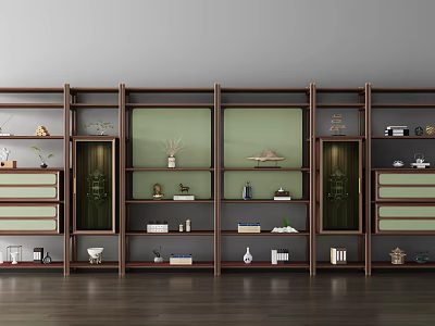 Modern Wooden Shelving Unit With Layered Shelves Decorative Items Books And Small Plants 3d model