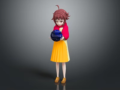 Game Movie Character with Brown Short Hair Red Top Yellow Skirt Holding Blue Patterned Sphere 3d model