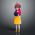 Game Movie Character with Brown Short Hair Red Top Yellow Skirt Holding Blue Patterned Sphere