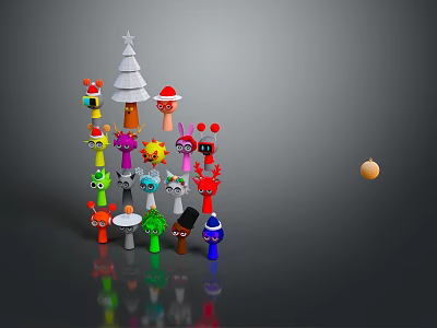 Colorful Cartoon Characters And Creatures With Various Shapes And White Christmas Tree 3d model