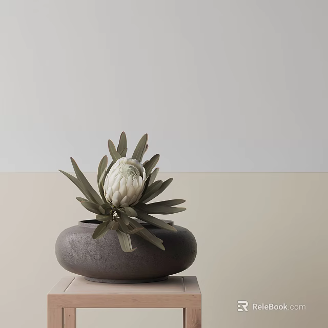 Bonsai Plant with Green Leaves and White Flower in Gray Bowl Pot on Light Surface 3d model 