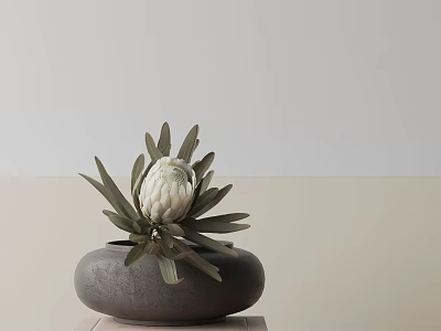 Bonsai Plant with Green Leaves and White Flower in Gray Bowl Pot on Light Surface 3d model