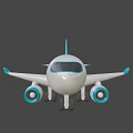 White Blue Passenger Plane Model with Black Windows Wings Tail Wheels and Blue Engine
