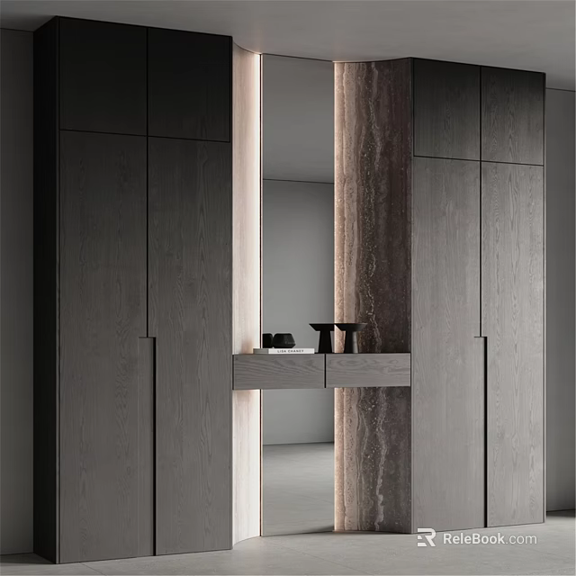 Modern Dark Wood Dresser With Marble Texture Column And Sleek Cabinetry Design 3d model 