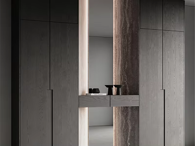 Modern Dark Wood Dresser With Marble Texture Column And Sleek Cabinetry Design 3d model