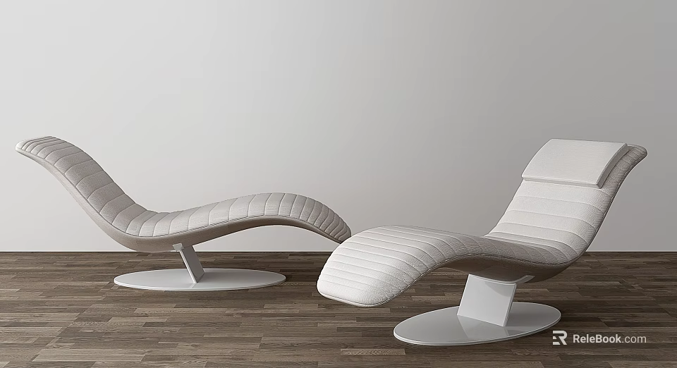 Modern White Striped Lounge Chairs With Round Metal Base On Wooden Floor 3d model 