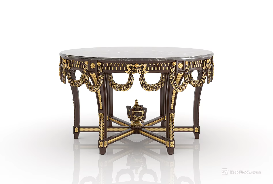 Elegant Classical Style Dining Table With Round Marble Top And Golden Intricate Carvings 3d model 