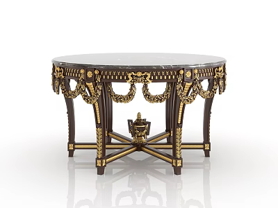 Elegant Classical Style Dining Table With Round Marble Top And Golden Intricate Carvings 3d model