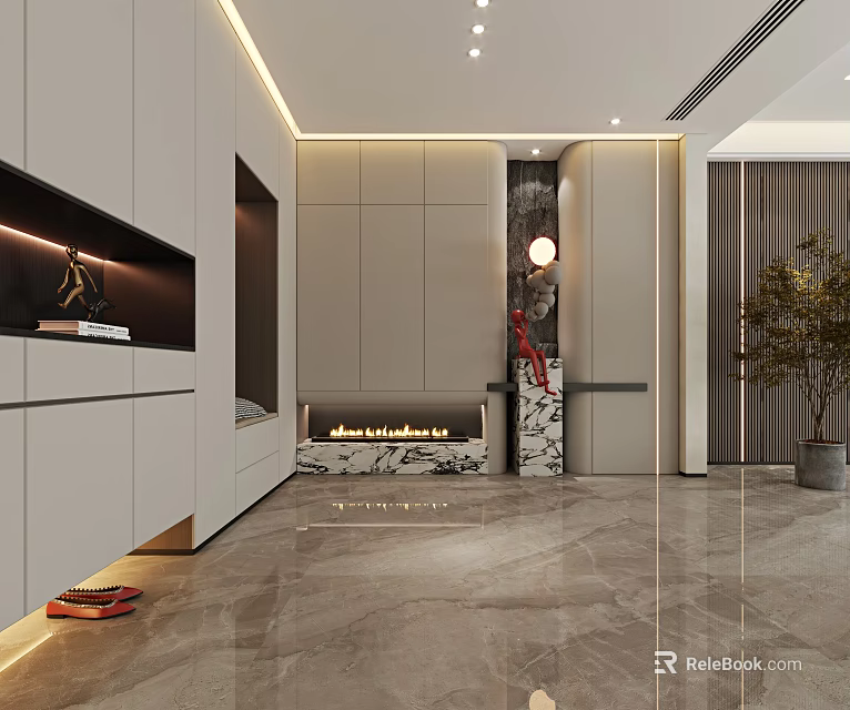Modern Entryway Hallway Interior With White Cabinets Marble Floor And Decorative Ornaments 3d model 