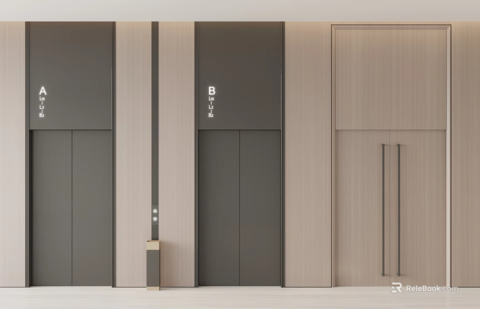 Modern Elevator Lobby With Wooden Panels Dark Doors And AB Signs 3d model 