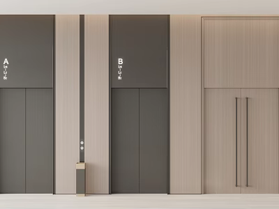Modern Elevator Lobby With Wooden Panels Dark Doors And AB Signs 3d model