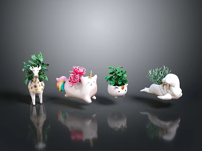 Decorative Giraffe Unicorn Elephant Sculptures With Green Plants And Pink Flowers For Home Decor 3d model