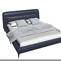 Navy Blue Double Bed with Leather Headboard Black Frame White Bedsheets and Pillows 3d model