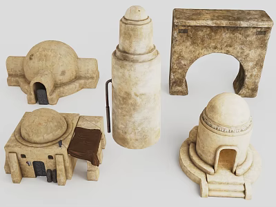 Rustic Stone Decorative Furniture With Dome Structures And Arch Accents 3d model