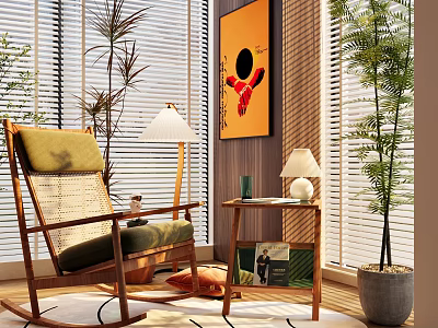 Wooden Frame Leisure Chair With Green Cushion Side Table Lamp And Plants By Blinds 3d model