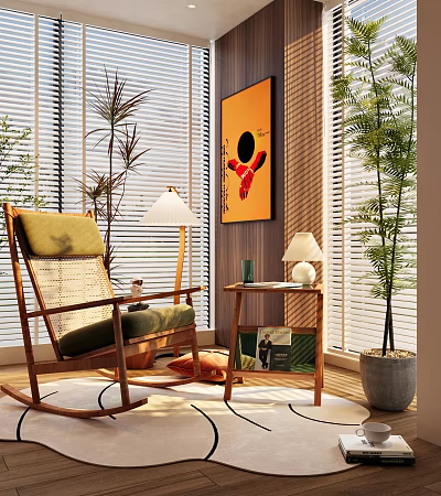 Wooden Frame Leisure Chair With Green Cushion Side Table Lamp And Plants By Blinds 3d model