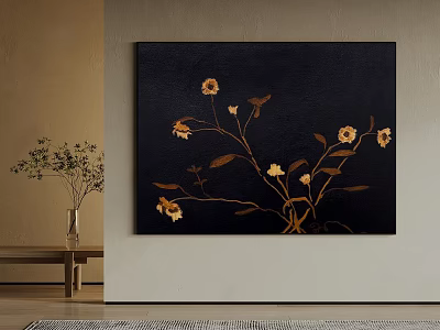 Botanical Painting Featuring Dark Background Yellow Flowers And Golden Branches Hanging On Wall 3d model