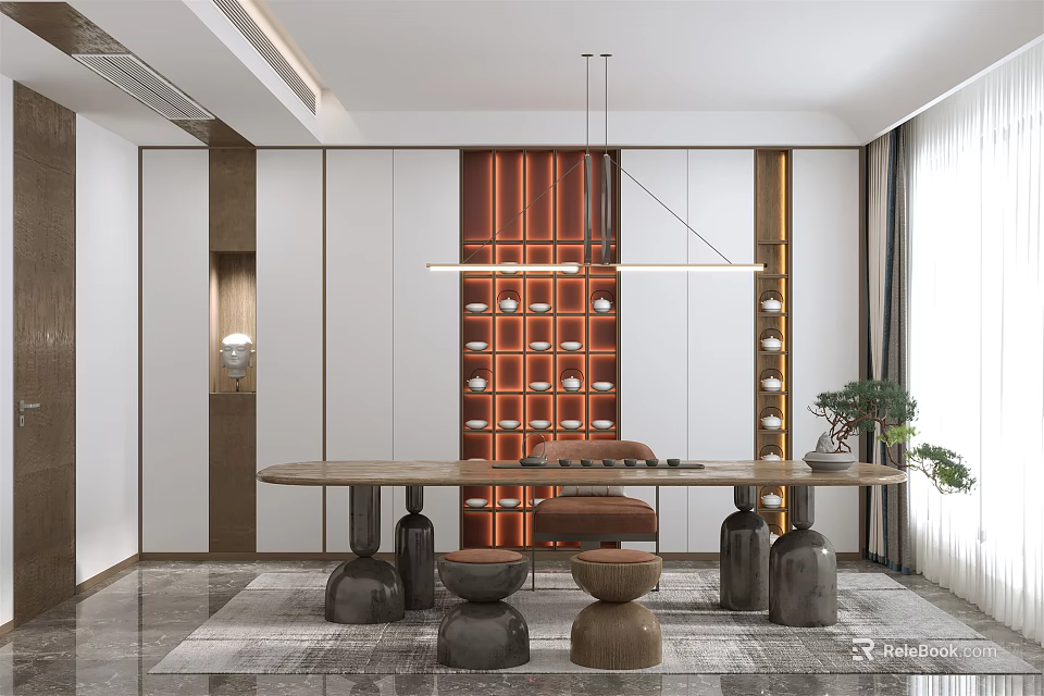 Modern Tea Room Interior Design With Long Wooden Table Decorative Wall And Round Stools 3d model
