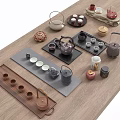 Various Style Ceramic Tea Set With Teapots Teacups And Trays On Wooden Tabletop
