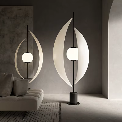 Modern Floor Lamp Design With Curved White Shade And Black Metal Stand 3d model