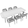 Natural Wooden Dining Table Set With Woven Rattan Chairs And Beige Cushions