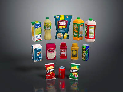 Assorted Food Products Including Chips Snacks Drinks And Sauces On 3d model