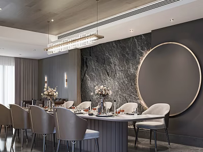 Elegant Modern Restaurant Interior With Round Dining Table And Marble Wall Art 3d model