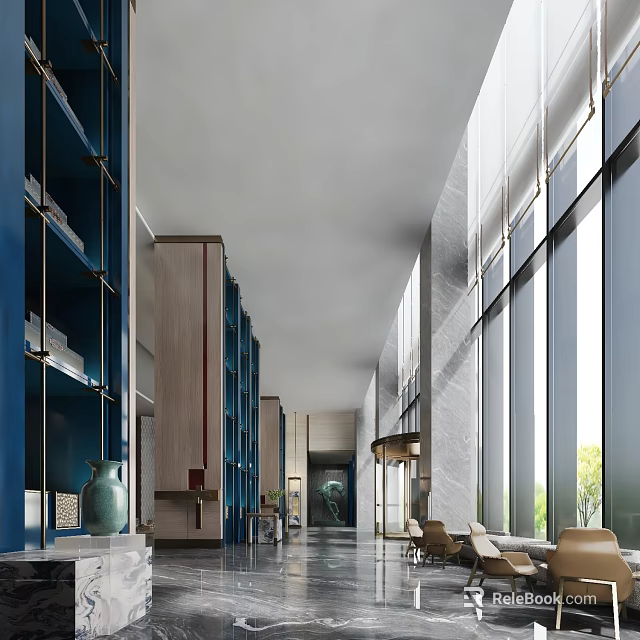 Luxurious Modern Banquet Hall Interior With Floor to Ceiling Windows And Comfortable Seating Furniture 3d model 