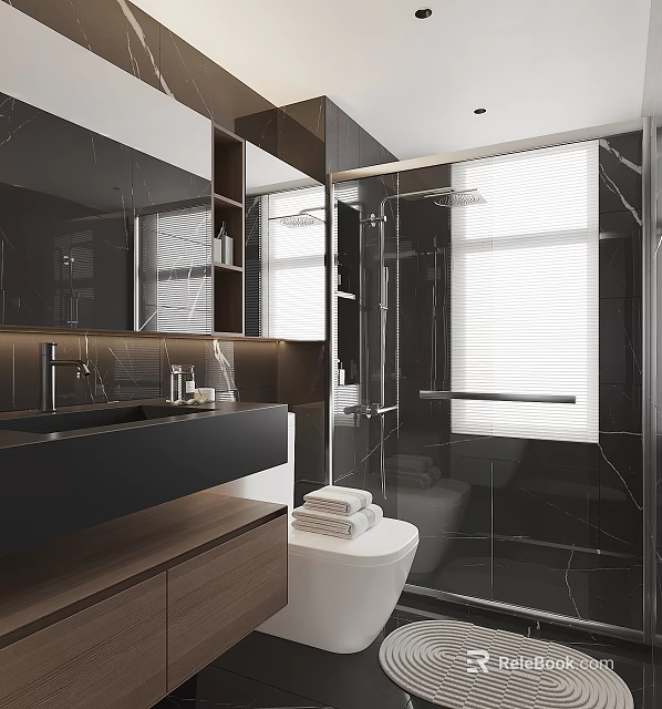 Modern Bathroom With Black Countertop Mirror Glass Shower Toilet Folded Towels And Blinds 3d model 