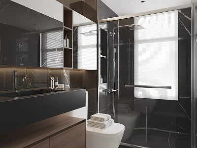 Modern Bathroom With Black Countertop Mirror Glass Shower Toilet Folded Towels And Blinds 3d model
