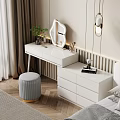Modern White Dressing Table Interior With Round Mirror Drawers And Stool 3d model