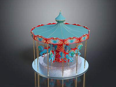 Colorful Vintage Carousel With Blue Canopy Red Trim Blue Horses And Transparent Base 3d model