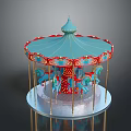Colorful Vintage Carousel With Blue Canopy Red Trim Blue Horses And Transparent Base