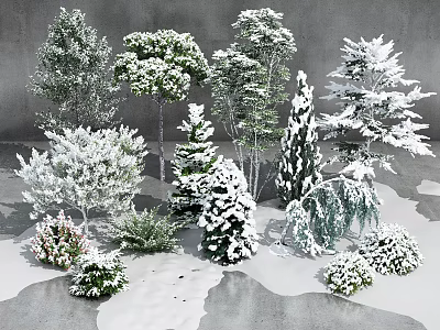 Snow Covered Arbor Trees And Shrubs On Gray Concrete Winter Scene 3d model