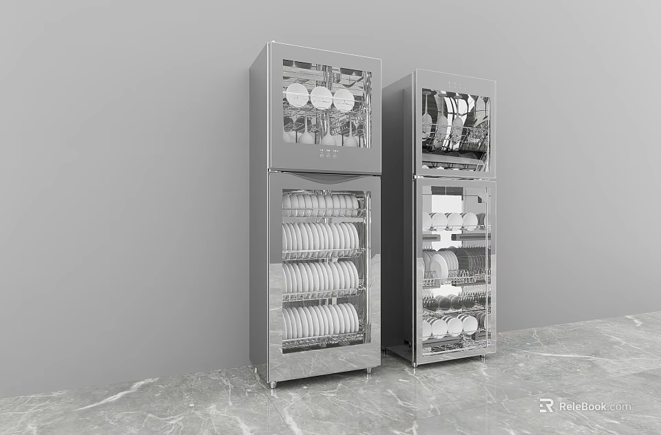 Stainless Steel Kitchen Appliances With Disinfectors Holding Plates Bowls And Cups 3d model 