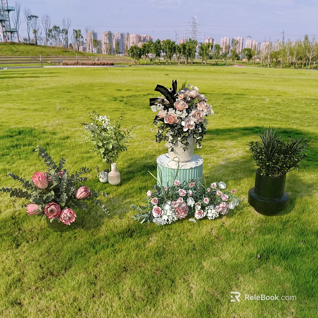 Stunning Floral Arrangements With Pink White Flowers And Green Plants On Lush Green Lawn 3d model 