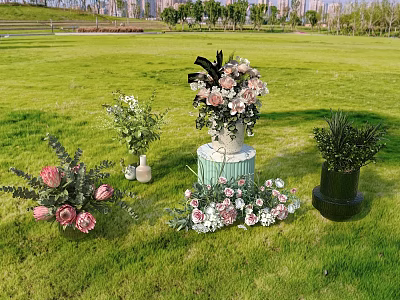 Stunning Floral Arrangements With Pink White Flowers And Green Plants On Lush Green Lawn 3d model