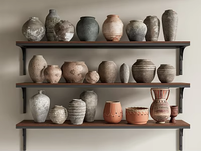 Various Ceramic Vessels Displayed On Wooden Shelves With Different Shapes And Earthy Tones 3d model