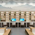 Modern Reading Space With Wooden Bookshelves Long Tables Green Plants And Computers