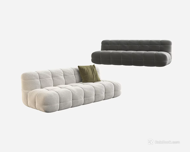 Modern Three-Seater Sofa with Tufted Design Available in Light and Dark Colors 3d model 