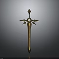 Golden ornate sword with star shaped decoration and slim blade displayed on dark background
