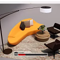 Modern Orange Curved Sofa Coffee Table With Brown Chairs Plant Area Rug And Floor Lamp