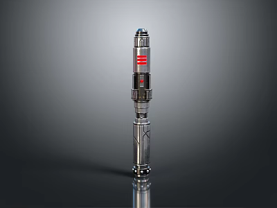 Silver Cylindrical Weapon With Red Stripes And Mechanical Structure On Dark Background 3d model