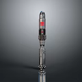 Silver Cylindrical Weapon With Red Stripes And Mechanical Structure On Dark Background