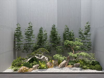 Small Garden Landscape With Various Trees Stones Shrubs Gravel And Wooden Planks Against Gray Walls 3d model