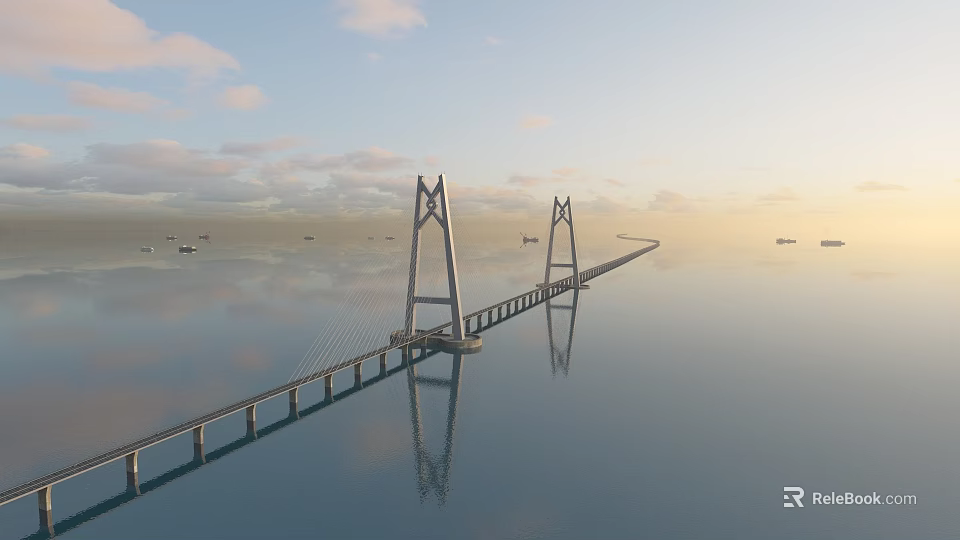Cable Stayed Bridge Over Calm Sea With Sunset Sky Clouds And Passing Ships 3d model