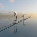 Cable Stayed Bridge Over Calm Sea With Sunset Sky Clouds And Passing Ships 3d model